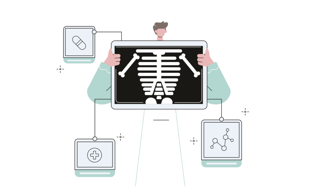 Spiraldot Health's AI-Driven Technology, illustration of a patient with an X-ray