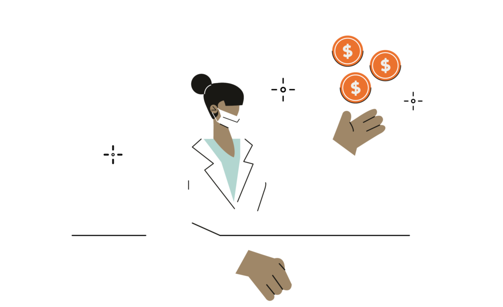 Enhanced Outcomes and Cost Savings Illustration, illustration showing a doctor with coins to represent savings